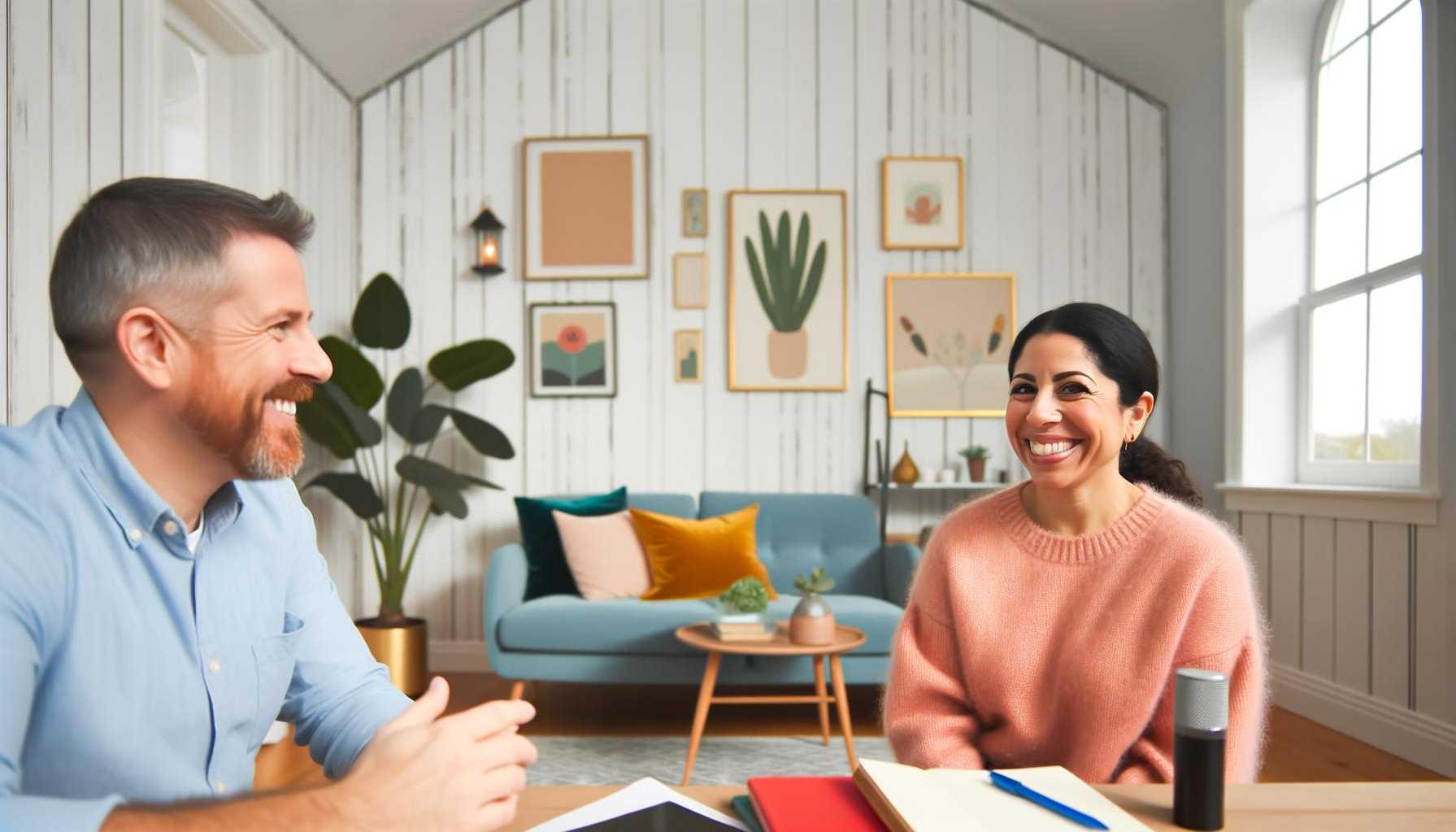 a man and woman smiling and talking virtually on a video call, the woman is sitting in her living room